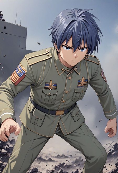 high resolution, solo, best quality, 1Boy, Tomoya Okazaki, Grey Blue Hair, military, action, OverallDetail