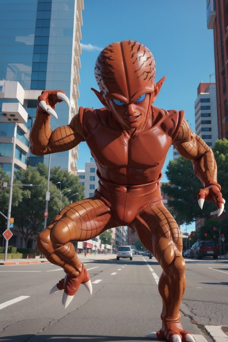 saibaimen, alien,(red torso:1.2),(red skin:1.2), (light blue sclera:1.2),black eyes,white claws, claws,city, (Maya 3d render:1.05), (masterpiece:1.3), (hires, high resolution:1.3), subsurface scattering <lora:saibaimen_v1:1>