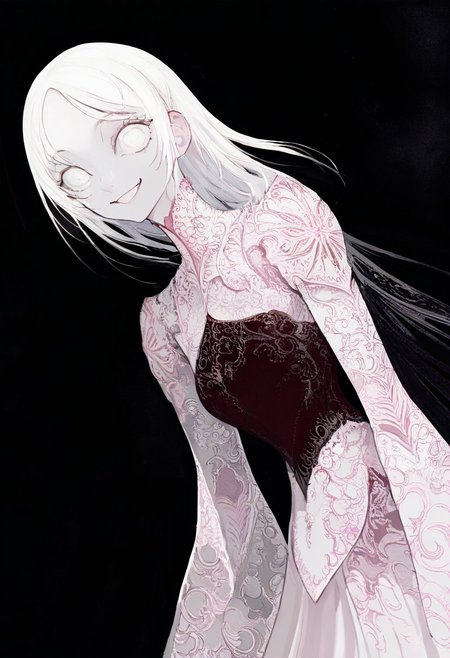 solo, looking at viewer, white eyes, upper body, black background, 1girl, long white hair, extremely pale skin, smiling, 
, ,,,, masterpiece,best quality,very aesthetic,absurdres
 <lora:monfornoob:0.95>