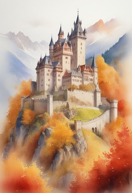 The gorgeous watercolor paintings designed by AI show a European mountain Castle design sense and are pleasing to the eye. The design color is mainly red yellow orange like Autumn landscape.