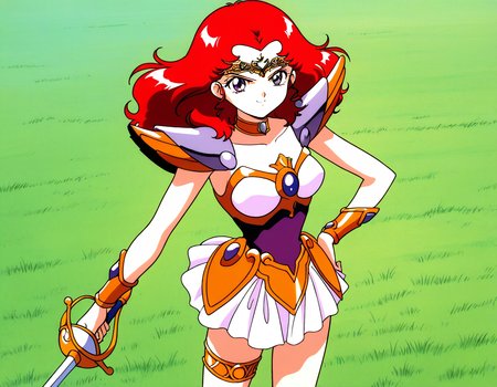 general,highres, ultra-detailed,very aesthetic,best quality ,best hands,  BREAK <lora:Scarlett_ohara_IS:1> Scarlett_ohara, 1girl,solo, red hair, long hair, purple eyes, breasts, 1990s (style), anime coloring, 
 choker, armor, 1990s (style), skirt, hand on hip, smile, tiara, jewelry, magical girl, thighlet, white skirt, miniskirt, thigh strap, armored dress, bracer, shoulder armor, blue eyes, looking at viewer, short hair, pauldrons, cowboy shot,
hold, sword, rapier, serious face, fighting pause,
day, say,  grass,