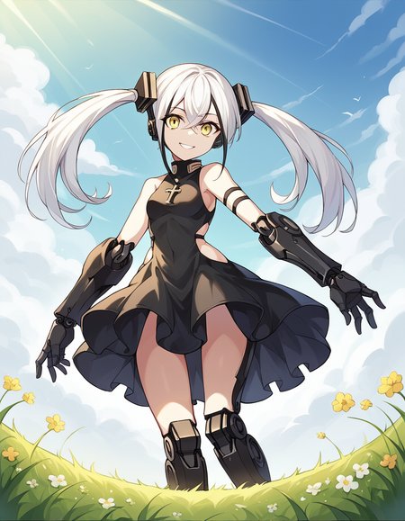 score_9, score_8_up, score_7_up, source_anime, <lora:girlsfrontline-destroyer-ponyxl-lora-nochekaiser:1>, destroyer, white hair, black hair, streaked hair, yellow eyes, cross bangs, multicolored hair,, android, bare shoulders, clothing cutout, dress, gloves, joints, mechanical legs, robot, robot joints, side cutout, twintails,, meadow, grass, flowers, open, sunlight, smile, from below, looking at viewer, solo,, dutch angle, cowboy shot