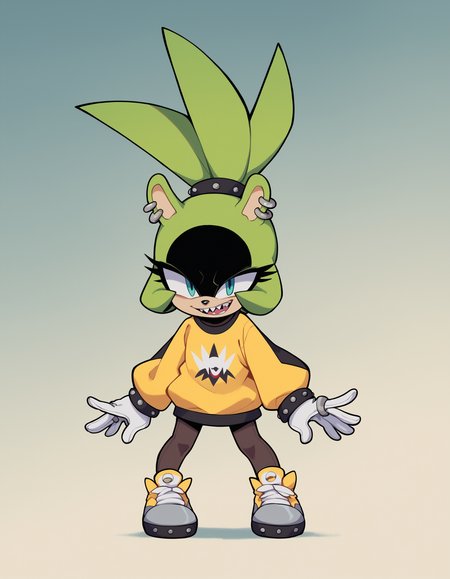 zPDXL, score_9, score_8_up, score_7_up, score_6_up, score_5_up, source_anime, 4k, absurdres, 1girl, solo,
oversized-sweater, sneakers, pantyhose, open mouth, smiling, sharp teeth, <lora:Surge_v1-3-15:0.8> surge the tenrec, aqua eyes, green fur, black fur, two-tone fur, hair up, black eyeshadow, white gloves, animal ears,