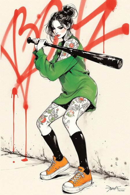 nijiwc1 ink wash brush style illustration 
liquid splash, cartoonish juicy fruits chaos, dynamic pose, dynamic camera, a fashion shoot, an illustration of a woman threateningly holding a baseball bat in her hands, full body tattoo, wearing green short sweater, miniskirt, knee socks, orange sneakers, aggressive facial expression, wall with graffiti in the background,  <lora:inkwash_niji_nocap_d6a3:1.0><lora:806972892903562582:0>