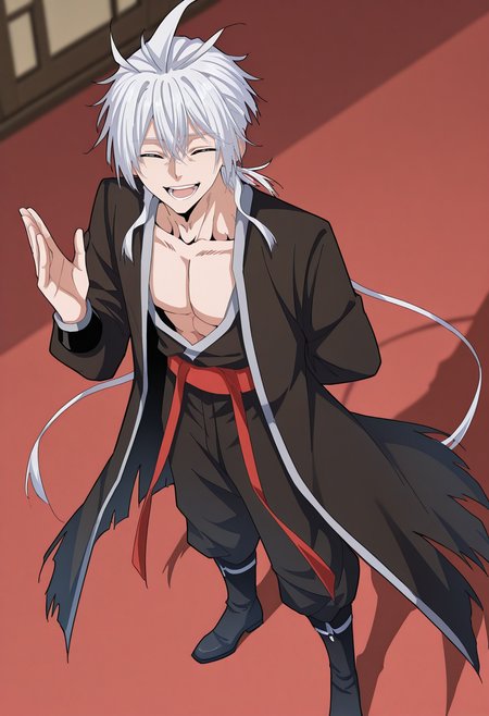 masterpiece, best quality, amazing quality,high resolution,intricate details,official style,depth of field,anime screencap , , , 1boy, solo, male focus,<lora:zhou_yi-fan:0.94>,zhuo-yi fan,white hair,hair tails,smile, open mouth, long sleeves,chinese hanfu,black coat, hair between eyes,standing,red waistband,collarbone, full body, closed eyes,boots, open clothes,torn coat, teeth,black pants, hand up, black footwear, shadow, ^ ^, from above, pectorals,facing viewer, arm behind back