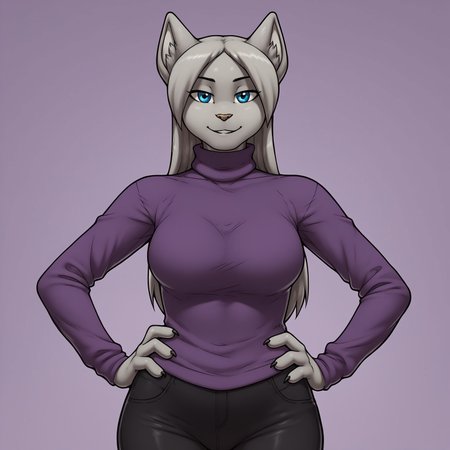 safe_pos, score_9, score_8_up, score_7_up, masterpiece, best quality, highly detailed, realistic, 1girl, solo, AgathaJW, furry, anthro, feline, female furry, grey inner ear, inner ear fluff, black eyebrows, thin eyebrows, light-brown nose, grey hair,  long hair, blue eyes, black pupils, grey body, grey fur, grey tail, big breasts, looking at viewer, smile, closed mouth, Expressiveh, purple background, simple background, standing, (purple turtleneck, black pants, clothed), perfecteyes, three-quarter portrait, hand on hip, 4 fingers)
