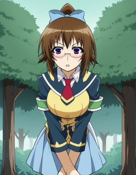 score_9, score_8_up, score_7_up, source_anime, <lora:mogana-kikaijima-s2-ponyxl-lora-nochekaiser:1>, mogana kikaijima, brown hair, purple eyes, ponytail, glasses, hair bow, blue hair bow, large breasts,, skirt, school uniform, necktie,, treehouse, tree, wood, nature, height, , <lora:x-arms-ponyxl-lora-nochekaiser:1>, x arms, blush, open mouth, leaning forward,, looking at viewer, solo,, dutch angle, cowboy shot