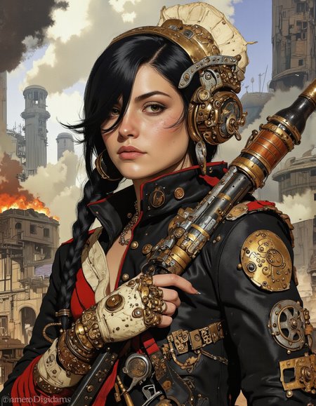 By Phandigrams. 
A fierce steampunk woman with braided black hair wearing a leather jacket covered in brass studs and intricate gear patterns. She carries a steam-powered rifle slung over her shoulder and has mechanical gauntlets on both hands. The background is a battle-scarred industrial wasteland filled with smoke and fire, dynamic pose, epic lighting, highly detailed.