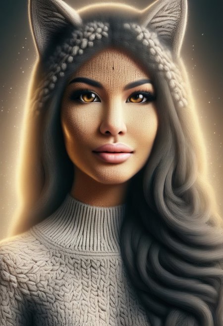 Cambodian woman, asian features, long hair, small waist, fitness body, toned muscle, An extreme photorealistic upper body shot of a cat girl with mesmerizing golden eyes and slit pupils. She has long, flowing two-tone hair, white and black, with striking, unrealistic beauty. Her pink lips curve slightly to reveal sharp fangs, and her long fingernails are a key feature of her sleek cat suit. Include tiny imperfections like pores, faint freckles, and slight skin texture variations to add realism. Realistic lip texture with soft lines, slight gloss, and natural color variation. Realistically detailed tear ducts, slightly moist, enhancing the natural appearance of the eyes. Faint, barely visible veins under the eyes, adding depth and authenticity to the skin. Individually rendered eyebrow hairs with natural variation in direction, length and thickness. Variation in hair strand thickness, with some thinner and finer than others, Shadows that move with the character, responding to her position and the light source accurately, 28 YEARS OLD, wrinkles, cat girl,  YELLOW EYES, CAT EYES, denise, catgirl, Gothic castle, lively, luminescent, Majestic castle, big eyes, EmeraldMorphSDXL, ChristmasSweater.