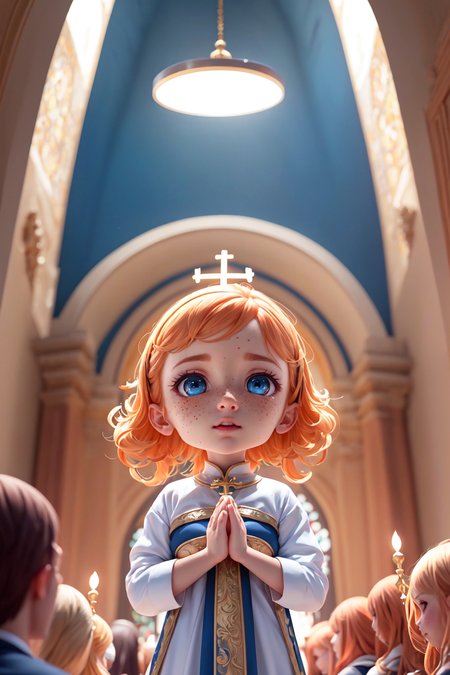 (upper body),

1girl, priest at church, (praying:1.1), hands together ,
(background full of people:1.1),

(looking up:1.1),

orange hair, blue eyes, freckles,
(chibi:0.7),

streaks of light, cinematic lighting, side lighting, halo, epic composition,

(highres:1.1), best quality, (masterpiece:1.3),  <lora:blindbox_V1Mix:1>