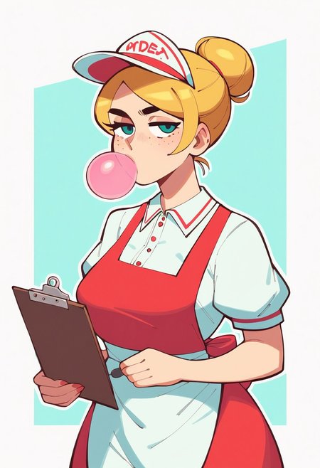riz, score_9, score_8_up, score_7_up, score_6_up, score_5_up, score_4_up, vintage, 50's, portrait, 
1girl, freckles, bored, chewing_gum, breasts, single_bun, blonde_hair, clipboard, diner waitress, hat, apron, striped_dress,
simple background, outline,