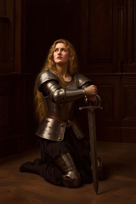 johncollier1 painting.
A young woman, facing directly at the viewer, is dressed in polished medieval armor, kneeling in a dimly lit, richly paneled room. she is holding a broadsword with both hands. She gazes upward with a contemplative expression, her blonde, shoulder-length hair cascading down her back.  <lora:johncollier1_cap_d8a4e12:1.0><lora:850617826564675782:0>