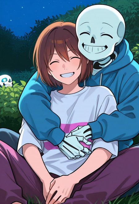 score_9, score_8_up, score_7_up, score_6_up, aoj_sr, 2d, source_cartoon, 
night,garden,closer look, close view, duo,
(1male,s4ns,skeleton,one blue glowing eyes,skull,skeleton arms,skeleton body,oversized,white t-shirt,laugh,grin),
holding, hugs from behind, sit on floor,
(1woman,frisk,woman,closed eyes,brown hair,blue hoodies,big breasts,short hair,simle),