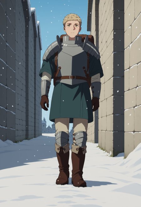 score_9, score_8_up, score_7_up, masterpiece, best quality, amazing quality, very aesthetic, absurdres, Dunmeshi_Laios, 1boy, solo, male focus, blonde hair, short hair, yellow eyes, LaoisWinter, alternate outfit, armor, gorget, pauldrons, cuirass, brown gloves, blue tunic, white shirt, short over long sleeves, arm guards, brown belt, beige pants, knee guards, brown boots, snow, snowing, full body, walking, holding strap, perspective, backpack, sheathed, sheath,