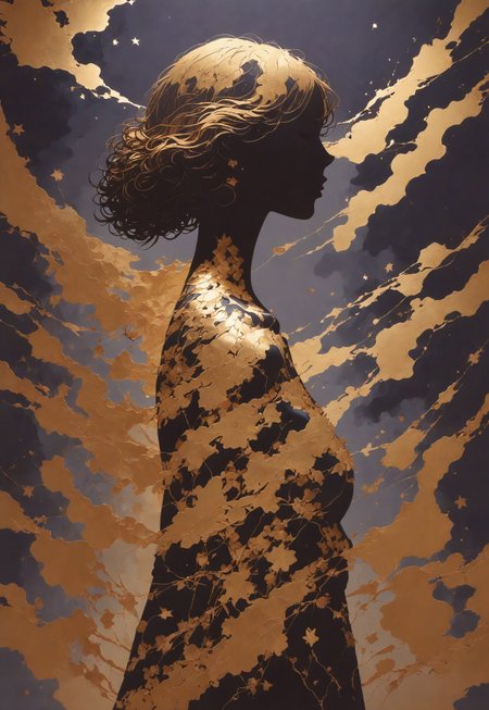 score_9,score_8_up, silhouette_with_gold_foil, intricately detailed upper body silhouette of a young woman, black background full   of gold stars, woman's skin cracked in Kintsugi gold pattern