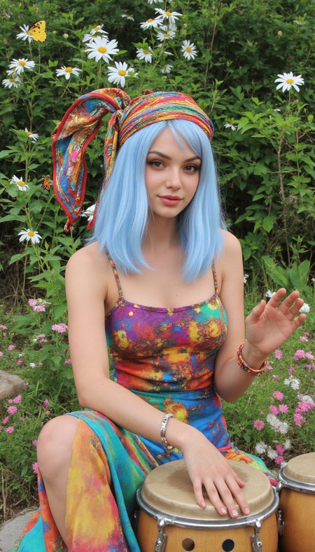 Generate an anime image of a hippie girl.

She has long, flowing blue hair with a bright vibrant headscarf Tied loosely around the head, perhaps with a few strands of hair escaping. 

She wears a flowing maxi dress with flashing colors and glittering patterns. 

She is playing the bongos, surrounded by daisies and butterflies.

She has realistic skin that is not flawless. She has Oval red eyes. She has a hawk-like nose. She has a double chin. She has a proportioned East-West breasts. She has natural unshaven body hair.  She has not recently showered, her skin may be a little bit dirty. She wears little make-up except for her lip gloss.  She has unpainted fingernails