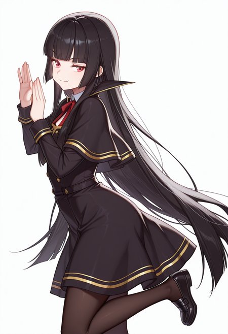 Smooth Quality,masterpiece,very intricate, high quality details, ultra realistic, high detailed skin,detailed enviorement,absurdres,
vulcan salute,
 <lora:Atre_CNR:0.8> atre_cnr, 1girl, black hair, very long hair,blunt bangs, red eyes,black dress,black capelet, pantyhose, long sleeves, ribbon, shoes,, simple background, white background, from side,solo,, smug,