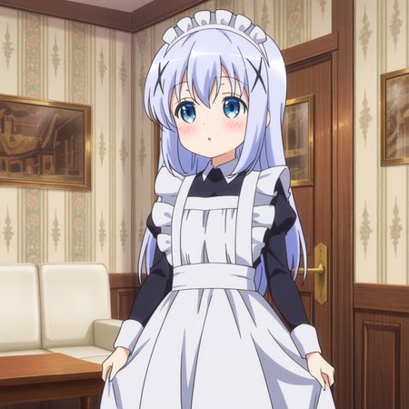 nsfw, masterpiece, best quality, amazing quality, 1girl, solo, is_the_order_a_rabbit_chino_kafu, standing, blush, maid, hair ornament, x hair ornament, blue eyes, long hair, blue hair, maid headdress, white apron, bangs, long sleeves, parted lips, maid apron, indoors, :o, black dress, frilled apron, hair between eyes, living room, <lora:Chino_Kafu_-_Is_the_Order_a_Rabbit:0.7>