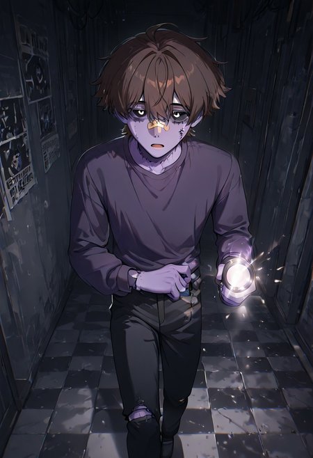 masterpiece, best quality, amazing quality, very aesthetic, absurdres, newest, detailed background, foreground blur, (( cartoon,  )),
michafton, brown hair, short hair, 1boy,, bandaid on face, bandaid on nose, torn clothes,
purple skin, deep purple skin, dark purple skin
purple button shirt, black pants, black tie, long sleeves,
 ((black sclera,)) black empty eyes dark eyes, white pupils, 
, ya_stitches, dark building, holding flashlight, glowing flash light, walking, open mouth, dark room, checkered floor pattern, grey walls, missing posters,