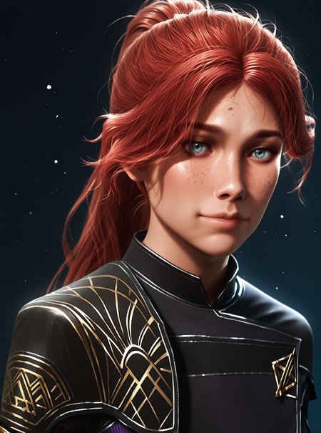 <lora:Maelle__Clair_Obscur_Expedition_33__Illustrious:1>
1 girl, solo, freckles, blue eyes, high cheekbones, narrow jaw, realistic face, long hair, red hair, high ponytail, parted bangs, messy strands,
dark bodysuit, black and purple outfit, long sleeves, gold shoulder armor, shoulder embroidery, geometric patterns, layered outfit, tight pants, tactical straps, fingerless gloves, glowing armband, sci-fi uniform, expedition insignia, 
masterpiece, best quality, intricate details, gothic fantasy, upper body portrait, dramatic pose, confident gaze, cinematic lighting, clean background, glowing magical particles, detailed face, vibrant colors