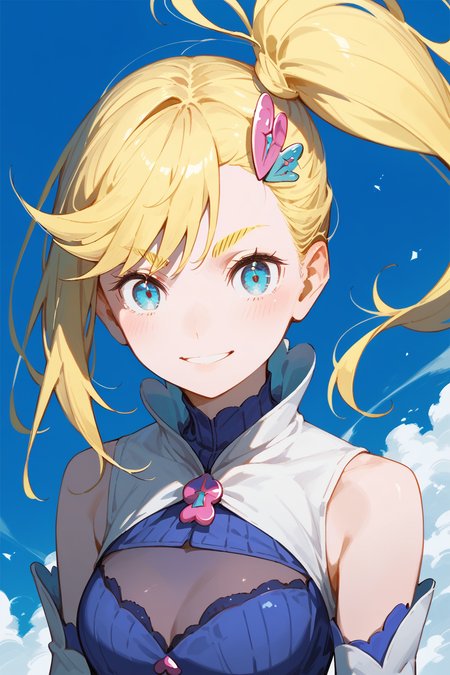 <lora:Minerva_ReZero:1>, blonde hair, blue eyes, minerva, 1girl, solo, side ponytail, hair ornament, long hair, face, detailed face, smile, chest, (score_9,score_8_up,score_7_up)