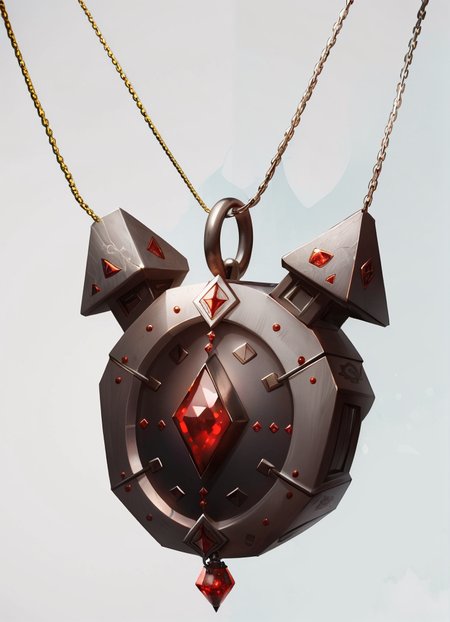 MagicItem_v1 <lora:MagicItem_v1-000002:1> (white background), amulet, (Steel) chain necklace, detailed pendant with red gems and (black runes), mysterious, (dwarven design), simple pendant, masterpiece, professional quality