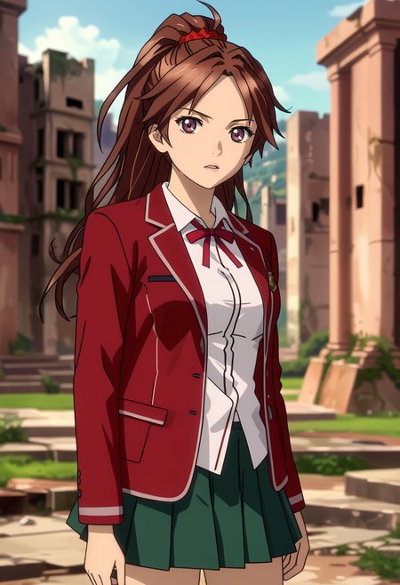 score_7_up, anime screencap,
<lora:GuiltyCrown_ShinomiyaAyaseXL:0.9>,
1girl, parted lips,
long hair, high ponytail, parted bangs, brown hair, purple eyes, hair scrunchie, red scrunchie,
AyaseSchool, blazer, red jacket, white shirt, red ribbon, pleated skirt, green skirt,
standing, looking at viewer, cowboy shot,
blurry background, outdoors, ruins