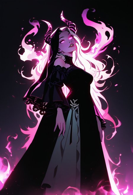 view from below, score_9, score_8_up, semi-realistic, fantasy style, 1girl, (very pretty woman), innocent sinister, dark pink purple cyan wild hair, (glowing neon white eyes), purple skin, bare shoulders, exquisite black lace intricate gilded robe, epic horns, flat expression, parted lips, fangs, dragon priestess, demonette, medium breasts, looking at viewer, tilted head, beautiful, twisted, feminine, dynamic, (swirling corrupted magic energy), shaft head tilt, full body shot, pink purple cyan, energy, magic, intense, epic, masterpiece, beautiful, terrifying