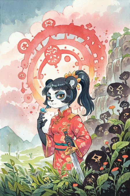 (anthro panda girl:1.4),(solo:1.5),ponytail,black hair,ameli,looking at viewer,
Imperial Palace,the great wall,grasslands,holding chinese_sword,grass,cloud,sun
chinese clothes,portrait,  watercolor \(medium\), portrait, 
<lora:Perfect Hands:1> <lora:age_slider_v4:-2> <lora:Ameli:0.8>, score_9, score_8_up, score_7_up, score_6_up, score_5_up, score_4_up,zPDXL