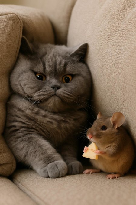 Generate me a cute fluffy grey cat getting smushed at awkward angle between some  couch cushions. Next to them is a cute brown mouse looking at the cat while eating a piece of cheese, cute, fluffy, realistic, 8k, uhd, high quality, depth of field,