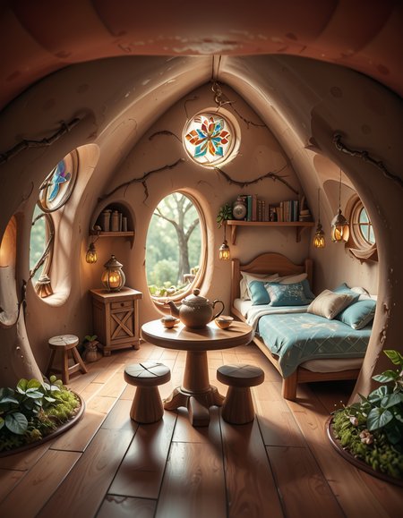 score_9, score_8_up, score_7_up,amazing quality, ultra realistic, 3D, HD, best quality, amazing quality, very aesthetic, absurdres
A highly detailed, realistic photograph of a tiny gnome house nestled at the base of an ancient oak tree, taken in soft morning light with a gentle mist hanging in the air. The house is crafted from natural materials: smooth stones form the lower walls, and curved wooden planks create a round, thatched roof with patches of moss and small wildflowers growing on top. Tiny circular windows with stained glass panels glow faintly from within, casting warm amber and green hues. A miniature wooden door with intricate carvings sits slightly ajar, surrounded by tiny lanterns that hang from delicate hooks, each softly glowing. Around the house, the forest floor is covered in dew-kissed clover, mushrooms of varying sizes and colors, and winding little cobblestone paths. In the background, tall ferns and oversized leaves tower, giving the scene an enchanted, hidden feel. Subtle rays of sunlight break through the canopy above, highlighting fine details with a dreamy, ethereal atmosphere. Hyper-realistic style, high-resolution, rich earthy tones, with an overall cozy and magical woodland vibe. No creatures or people, only nature and the charming architecture of the gnome's home.
<lora:SDXLFaeTastic2400:0.4> <lora:extremely_detailed:0.4> extremely detailed,tiny gnome h0us3 <lora:tiny_gnome_h0us3-p:1>