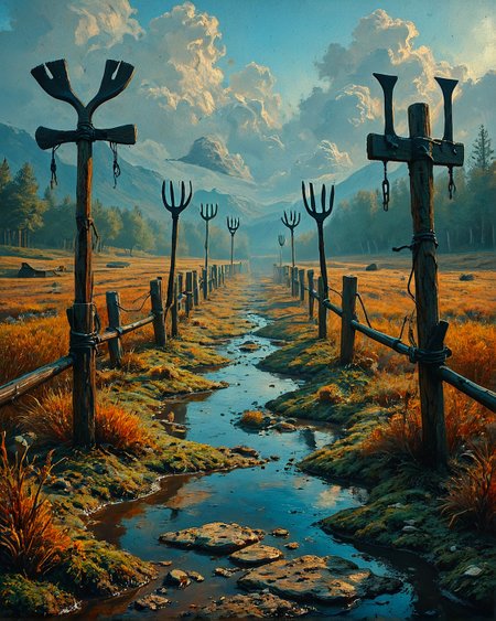 Surreal Landscape, Creator Landscape,
(style ofVasily Polenov (open-air realism)), Peat bog with stunted birch growth, lichen-encrusted fence posts, hayrick with wooden pitchfork,
<lora:ClassipeintXL2.1:0.397> oil painting,
<lora:extremely_detailed:0.804> extremely detailed,
<lora:add-detail-xl:0.358>,
<lora:dreamshaperXL10_lora:0.217>,
<lora:Flux-XL_Scenery: 0.919> flux-scenery,
detailxl,
advntr,