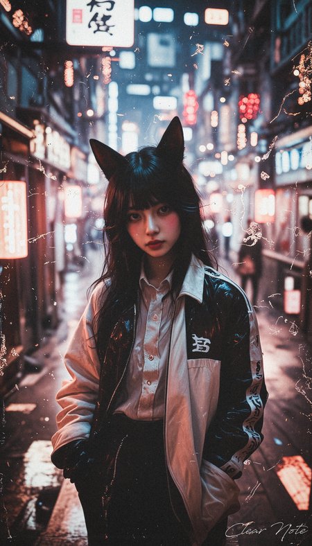 Neo Photorealistic Art Style, A Japanese girl with fox ears and flowing black hair wears a sleek windbreaker jacket. She radiates cutting-edge Neo-Japan futurism, set in a surreal, intricate futuristic background.