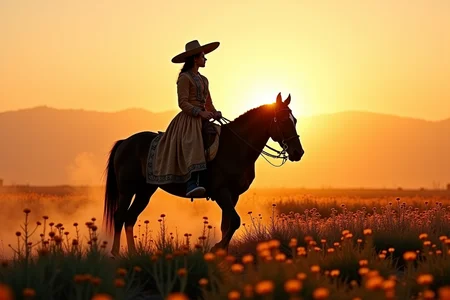 <lora:Mexican Noir Style-flux:1> mxnoirsty, black and white, dark, the Charra at Sunrise (Captured with a Vintage Rolleiflex, Soft Morning Glow for a Golden Effect)
A young charra rides her Andalusian horse through an endless field of wildflowers, her silhouette framed by the first light of dawn. She wears a wide-brimmed sombrero, a fitted embroidered jacket, and high-waisted riding pants that accentuate her poised elegance. The morning mist swirls around her horseâs hooves as she gazes toward the horizon, the wind catching the edges of her silk rebozo. Shot on a classic medium-format Rolleiflex, the soft focus captures the dreamlike beauty of the Mexican countryside waking up in golden hues.