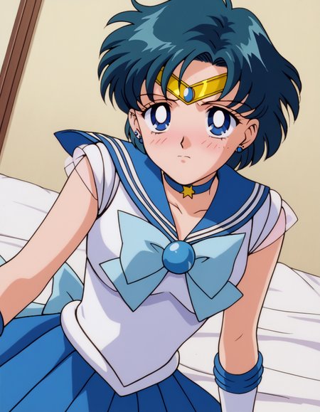 score_9, score_8_up, score_7_up, source_anime, <lora:ami-mizuno-supers-movie-ponyxl-lora-nochekaiser:1>, ami mizuno, blue eyes, blue hair, short hair, parted bangs,, back bow, blue bow, blue choker, blue sailor collar, blue skirt, bow, choker, earrings, gloves, jewelry, magical girl, miniskirt, pleated skirt, sailor collar, sailor senshi uniform, skirt, stud earrings, tiara, sleeveless,, indoors, bed, bed room, on side, blush, drunk, looking at viewer, solo,, cowboy shot, dutch angle