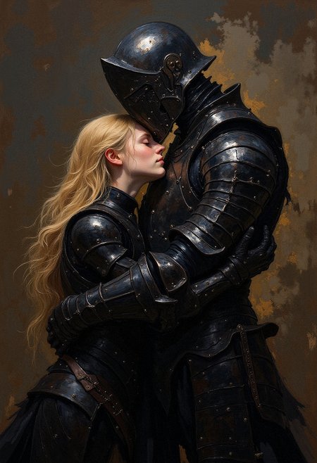 A close-up of two figures in dark, medieval-style armor, locked in an intimate embrace. The main figure, a tall and muscular knight, wears a full suit of black plate armor with intricate details and sharp, angular edges. His helmet is completely closed, obscuring his face, and his body is slightly leaning forward as he holds the second figure tightly. The second figure is a woman in matching black armor, with long, flowing golden hair cascading down her back. Her face is partially visible, pressed against the knight"s chest, her eyes closed. Their armor reflects minimal light, highlighting the texture of the metal. The lighting is soft and subdued, creating a moody and emotional atmosphere. The background is a muted, abstract blend of dark browns and grays, drawing full attention to the figures.  <lora:FLUX-daubrez-DB4RZ:0.93> DB4RZ, DB4RZ style painting,  <lora:aidmaImageUpgrader-FLUX-V0.1:0.33> detailmaximizer,