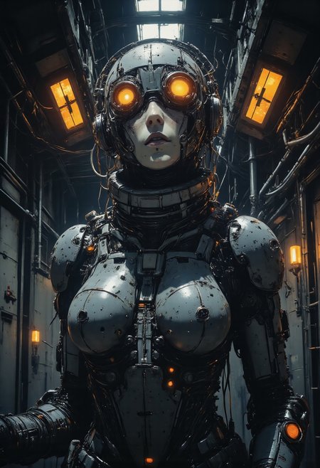 CyberpunkHorrorAnime, a femlae wired-cyborg with a pale, ghostly complexion, her piercing blue eyes glowing faintly against the surrounding shadows. Her expression is cold and unyielding, as if forged by a dystopian world. She is clad in a futuristic, high-tech exosuit, now tarnished and battle-worn, composed of a dark, gunmetal material with an eerie, grid-like texture. The suit’s high collar and intricate, mechanical details emit dim, translucent orange glows, like dying embers in the dark.
The most captivating feature is her intricate mechanical headpiece, a chaotic network of wires, circuits, and alien components that pulse faintly with orange highlights. The translucent materials in the headpiece reflect the sparse light, giving it an ethereal, haunted quality. Alien symbols and cryptic markings are etched across her face, their meaning obscured but ominous.

The background is a dystopian industrial wasteland, cloaked in shadows and broken only by sporadic, flickering orange lights. Metallic walls are streaked with grime, and rows of failing light panels cast jagged patterns across the scene. The air is thick with a sense of decay and despair, the cool palette of steel and deep blues punctuated by the unsettling, translucent orange glow that hints at the remnants of life in a dying world.