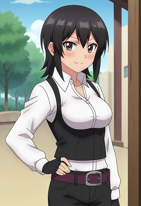 score_9, score_7_up, hd, (ultra hd quality details), source_anime, outdoors,
solo, 1girl, black hair, elnakakushi, medium breasts, anime screencap,
white shirt, long sleeves, collared shirt, black vest, black gloves, fingerless gloves, belt, black pants,
looking at viewer, blush, smile,
standing, hand on own hip,
<lora:_elna_stongs-elesico-ponyv2-rev4:1>