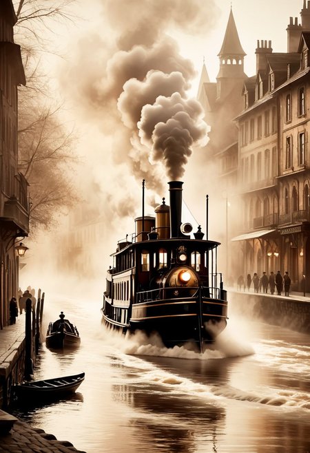 A steam boat traversing a foggy river, mist enveloping the old town on its riverbank, a fleeting glimpse of a faint figure near the station where a steam train awaits, all captured in a vintage voyage theme with a duotone hand-written letter aesthetic, Ultra-high detail, digital painting, high detail, intricate, clarity, high quality, steam rising in delicate swirls, ambient light creating a mood of fantasy, watercolor painting, soft edges, muted color palette, sepia tones, nostalgic vibes