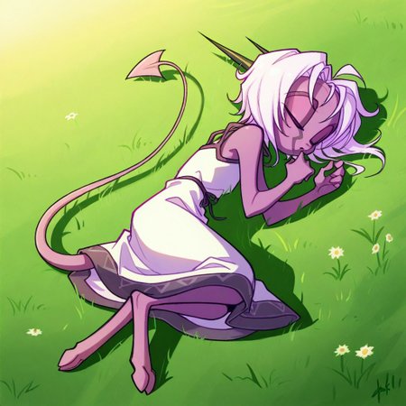 score_9, score_8_up, score_7_up,namah_calah,
1girl,solo,furry,tail, source_furry,horns,
 ,<lora:namah_calah_illustrious:0.8>,
masterpiece, child, kid, 
grass, laying, sleeping, summer, outside, messy hair, white summer dress,