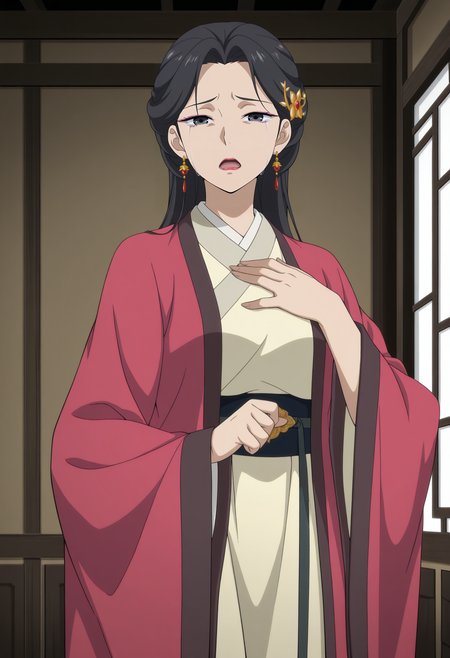 1girl,solo,mm,mature female,long hair,black hair,black eyes,earrings,makeup,lipstick,hair ornament,hair bun,anime coloring,
chinese clothes,hanfu,hand on own chest,looking at viewer, open mouth, tears,indoors,cowboy shot, 
,masterpiece,best quality,amazing quality,<lora:Aoji-Fairies_Album:0.8>