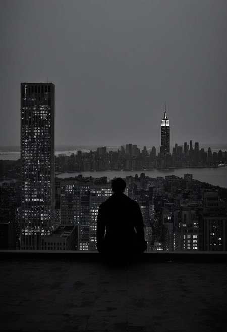 (best quality, masterpiece, colorful, dynamic angle, highest detailed)  
 Superman sitting on the roof looking at the city New York, feel the daggers in the dark, depression, alone, monochrome, pop of colors, extremely detailed, paranoid, mood, you make me feel fucking sad