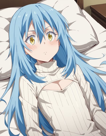 score_9, score_8_up, score_7_up, source_anime, <lora:rimuru-tempest-s3-ponyxl-lora-nochekaiser:1>, rimuru tempest, long hair, hair between eyes, blue hair, yellow eyes, androgynous,, <lora:open-chest-sweater-ponyxl-lora-nochekaiser:1>, open-chest sweater, ribbed sweater, cleavage cutout, meme attire, clothing cutout, turtleneck, sweater dress, cleavage, clothes tug, sweater pull, cleavage reach,, indoors, bed, bed room, blush, on bed, on back, , cowboy shot, dutch angle