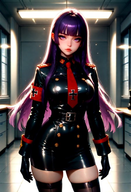 IllusP0s, 1girl, kmsMajor, purple hair, hime cut, upper body, standing, dynamic pose, detailed hands, facing viewer, office background, inside, window light, volumetric lighting  <lora:mmnj-v2:1>