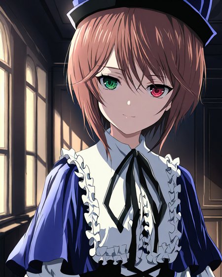 SouseisekiRozenMaiden,
1girl, solo, upper body,
hat, brown hair,
green eyes, heterochromia, red eyes,
light smile,
blue capret, white collar, neck ribbon, blue dress, 
room, 
<lora:kp_SouseisekiRozenMaidenAnimagineXL_v1_0:1.0>,
BREAK
masterpiece, best quality, absurdres, 
ultra-detailed, moody lighting,
depth of field,