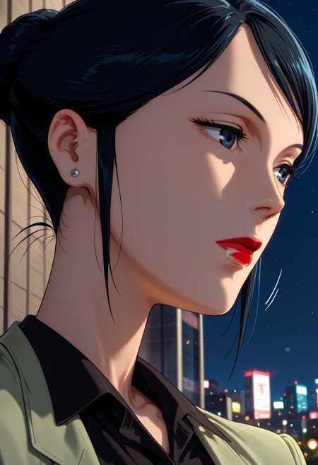 masterpiece, best quality, newest, absurdres, CG, anime, source anime, illustration, very aesthetic, high resolution, ultra-detailed, newest, scenery, medium depth of field, rule of thirds, masterpiece-level, clean lines, sharp, focused subject
1girl, solo, AtsukoChiba, 1girl, black hair, lipstick, red lips, hair bun, earrings,
collared shirt,black shirt, green jacket, 
closeup to face, expressionless, portrait, outside border
outdoors, night city view
cinematic angle, detailed background, beautiful background, (rays light:1.0),(grow:1.0), light particles, motion lines, from both sides