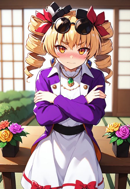 1girl, solo, yorigami jo'on, (drill hair:1.2), (eyewear on head:1.3), (jewelry:1.3), (white dress:1.4), (purple jacket:1.5), (facing camera:0.8), (slightly open mouth:0.1), natural pose, (light entering from left:1.5), (Japanese-style temple:1.5), (sliding doors:1.4), (vibrant flower garden:1.2), (blurred temples in background:0.8), (character's left shoulder closer:1.3), (thick paint style:1.4), (facing down shyly:1.1), (blushing:0.7), (jewelry:1.3), (white dress:1.4), (purple jacket:1.1), (facing camera:1.5), (shy smile:0.2), (nervous smile:0.7), (head tilted clockwise:1.3), (shoulders slightly hunched:1.2), (sliding doors:1.4), (vibrant flower garden:1.2), (blurred temples in background:0.8), (arms resting on table:1.5), (hands resting firmly on table:1.2), (arms on table:1.6), (no hand movement:1.3), (crossed arms on table:1.6), (thick paint style:1.4), (head slightly tilted:1.3), (furrowed brows:1.7), (mouth slightly open with smile:0.4), (embarrassed:1.5)(looking at the camera:1.6), (playful yet uncomfortable expression:1.2), (slight shoulder shrug:1.3), body leaning slightly forward, soft sunlight shining in from the left, temple room with sliding doors half-open,  colorful flowers outside, other distant Japanese buildings blurred, (morning light:0.8), (bright:0.6), warm lighting, anime style highly detailed shadows, warm atmosphere, anime art style, sunlight on face, soft glow. <lora:char-joon:1>