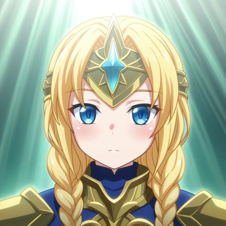 mana_sk style, portrait, focus on face, a valiant paladin girl with braided golden hair and radiant blue eyes, wearing a shining silver headpiece with holy sigils, a soft glow emanating from her armor, her expression resolute and compassionate, faint rays of divine light in the background, Japanese RPG style, noble and inspiring atmosphere, intricate details on her armor and headpiece
