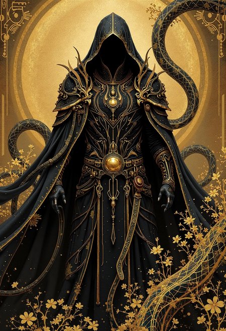 bo-golden, a fantasy character with intricate, ornate clothing and a hooded cloak, surrounded by snakes<lora:boFLUX Golden Noir Abyss.safetensors:1.0:1.0>