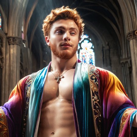 1boy, male focus, beard, Papi, from above, (handsome young cleric conjuring magic), facial hair, (shirtless), (intricate multicolored robes, silk shirt), long swirling robes, best quality, absurdres, masterpiece, light particles, stained glass, realistic face, realistic skin, bodybuilder, ginger, medium hair, (brutalmass, @brtlmss1)